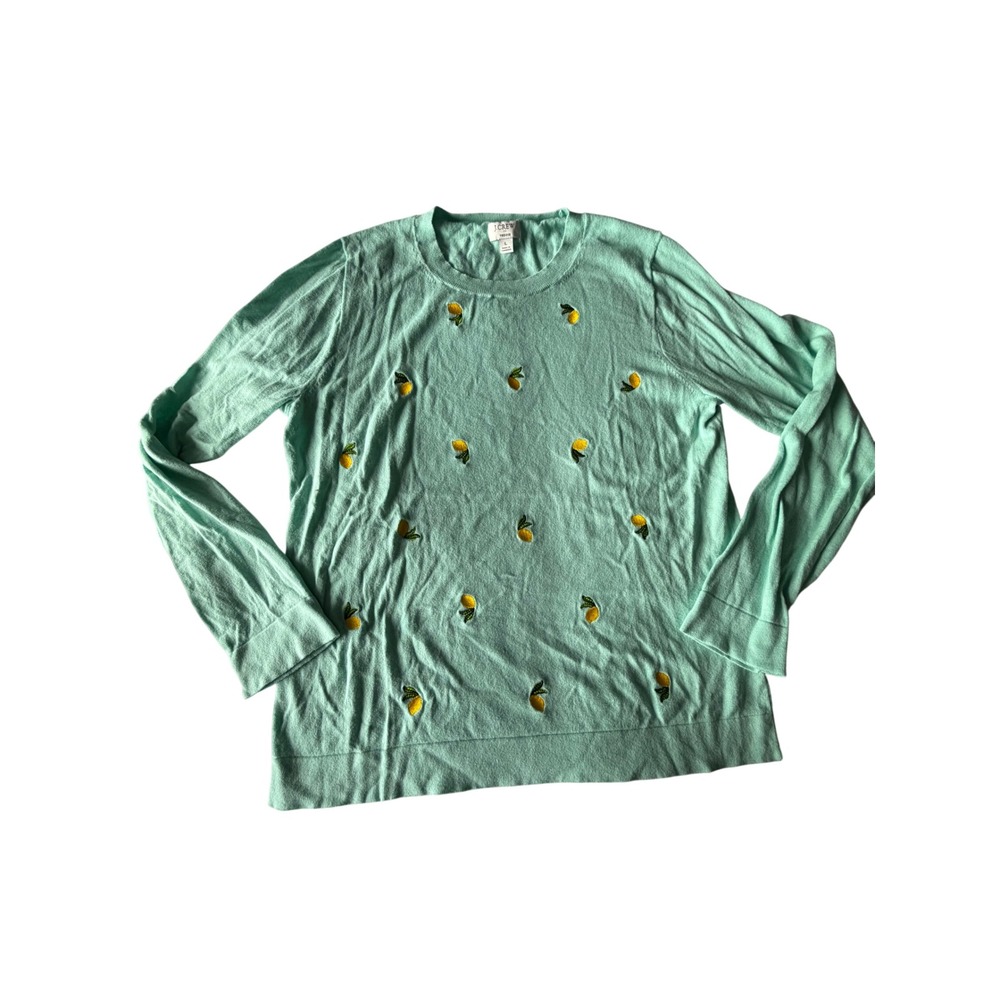 J.Crew Teddie Sweater Aqua Blue Lemon Embroidered Cotton Knit Top Womens Large